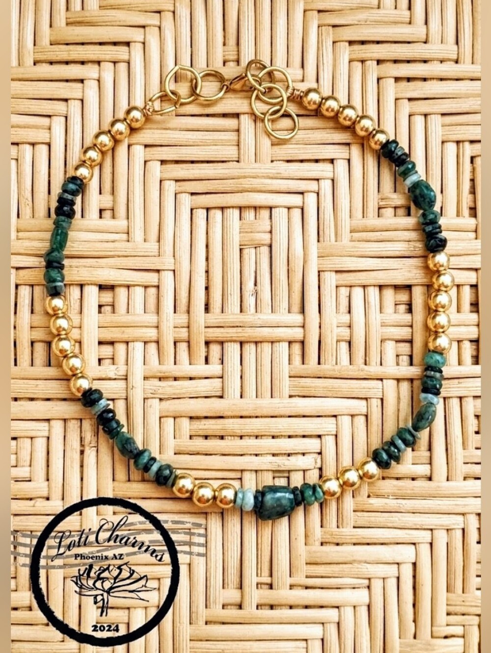 Natural Green Emerald Chips, Beads and Stones With Gold Bead Balls Necklace